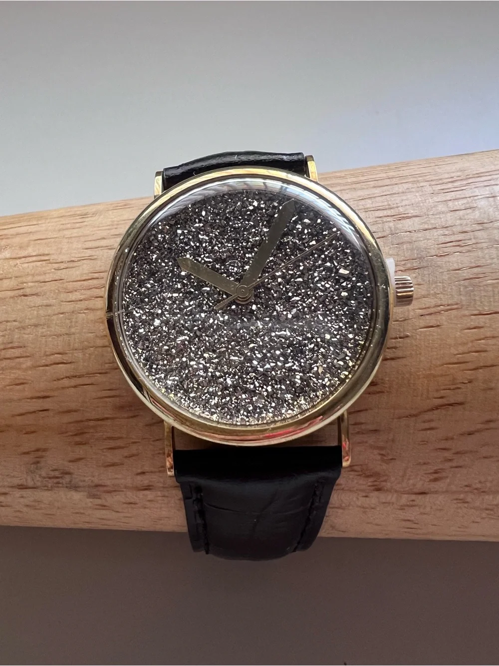 VicencE Italy 14K Gold Case Silver Druzy Style Dial Black Leather Band Watch